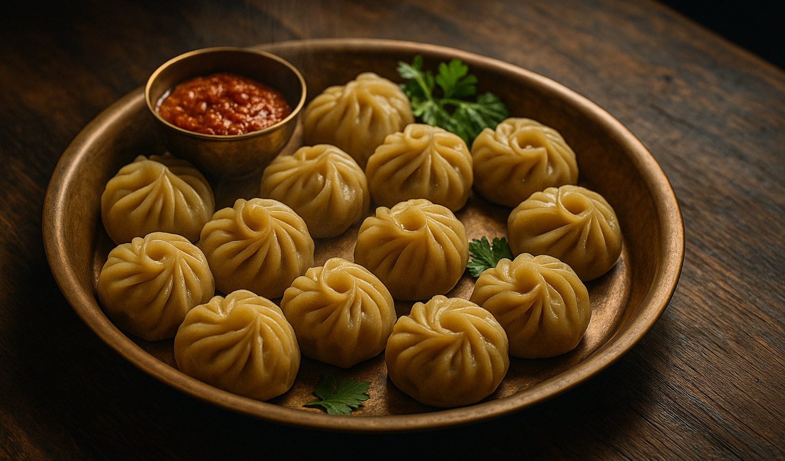 Authentic Nepali momo on a brass plate with chutney